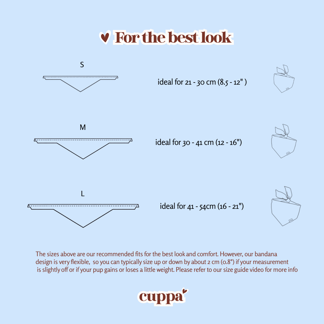 Cuppa size guide chart for phone cases and dog bandanas
